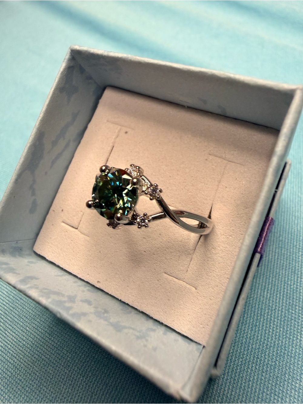 Green Round Solitaire Moissanite Ring with Accent Stones - Picture 3 of 5